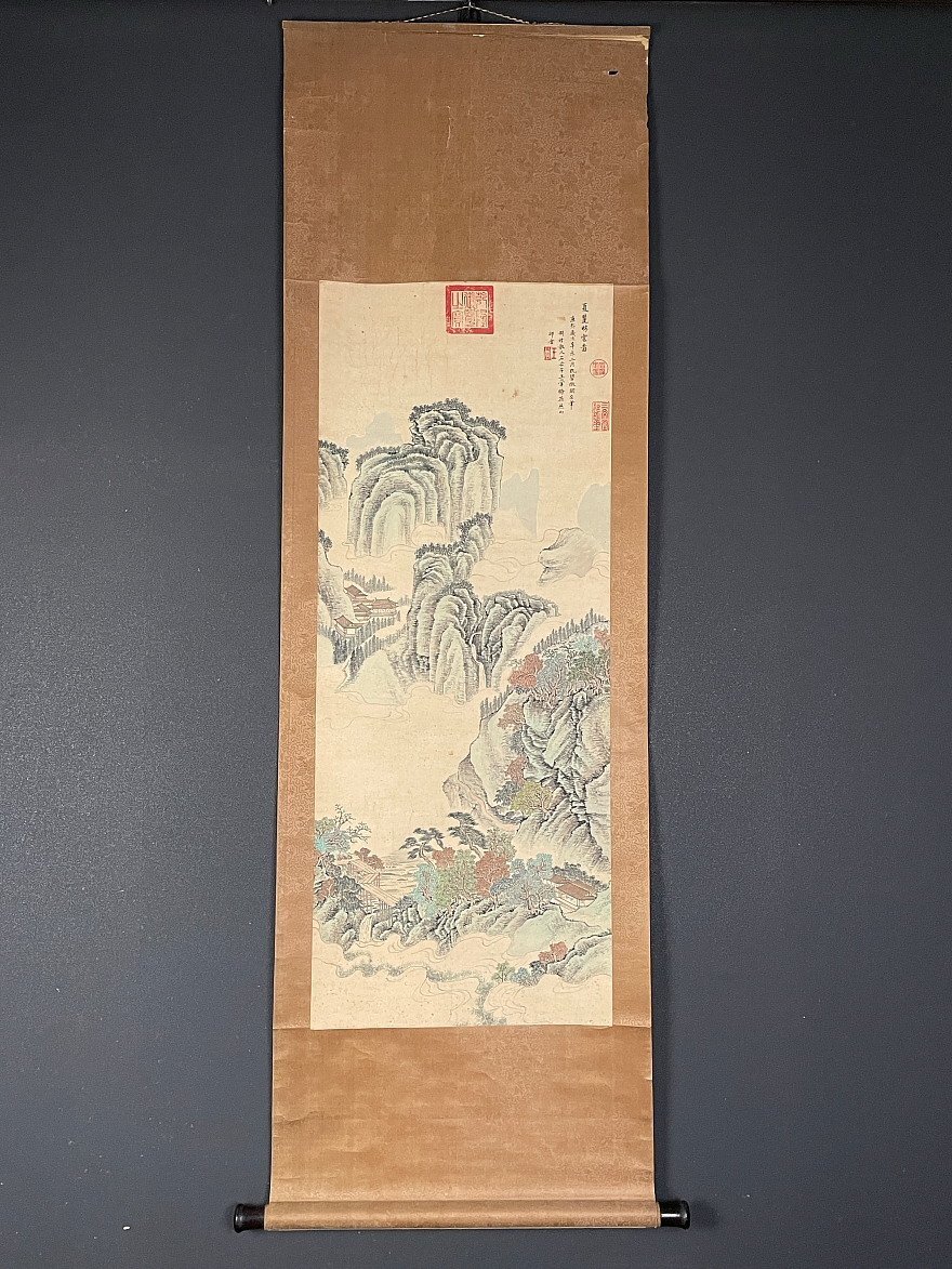 複製/王石谷/山水図/中国画/唐画/工芸/布袋屋掛軸HI-76